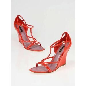 Louis Vuitton Orange Patent Leather T-Strap Wedge Sandals - Size 39